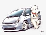  1boy animal_ears animification artist_name brian_griffin car collar crossed_arms dog_boy dog_ears family_guy furry furry_male glint grey_background grey_car highres k.tofu looking_at_viewer motor_vehicle red_collar shadow toyota toyota_prius vehicle_focus 