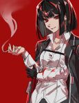  1girl black_gloves black_hair cigarette collared_shirt dobe_(user_hgxt5234) gloves hand_up limbus_company long_sleeves project_moon red_background red_eyes ryoshu_(project_moon) shirt short_hair simple_background single_glove smoke solo white_shirt 