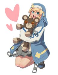  1girl androgyne_symbol androgynous aqua_eyes blonde_hair blue_jacket bridget_(guilty_gear) commentary_request cuffs female_focus full_body guilty_gear guilty_gear_strive habit heart holding holding_stuffed_toy hood hood_up hooded_jacket jacket looking_at_viewer medium_hair open_clothes open_jacket open_mouth roger_(guilty_gear) smile solo stuffed_animal stuffed_toy teddy_bear tondabayashi_koori white_background 