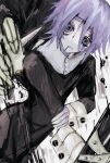  1other ambiguous_gender androgynous black_blood black_dress blood blood_drop blood_from_mouth blood_on_face crona_(soul_eater) dress grey_eyes hand_on_own_arm highres holding holding_sword holding_weapon looking_at_viewer purple_hair ragnarok_(demon_sword) sleeve_cuffs soul_eater sword wa_noko weapon 