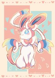  artist_name blue_eyes blush bow closed_mouth fang full_body heart highres looking_to_the_side moshi2hitomoshi no_humans one_eye_closed pink_fur pokemon pokemon_(creature) ribbon sitting smile solo sylveon two-tone_fur white_fur 