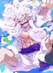 1boy abs bare_pectorals blue_background clenched_hand commentary_request confetti frilled_sleeves frills hagoromo hair_up hand_on_own_face highres lugh male_focus monkey_d._luffy one_eye_closed one_piece open_clothes open_mouth open_shirt pectorals pink_eyes purple_sash sash scar scar_on_chest scar_on_face shawl shirt shorts solo sparkle white_hair white_shirt white_shorts 