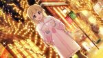  1girl 22/7 22/7_ongaku_no_jikan bag black_thighhighs blonde_hair blurry christmas christmas_lights christmas_ornaments coat cowboy_shot depth_of_field dutch_angle fujima_sakura game_cg highres lamppost lens_flare long_hair long_sleeves looking_at_hands non-web_source official_art open_mouth outdoors pink_coat road shoulder_bag sidelocks single_hair_ring smile solo sparkle street string_of_light_bulbs teeth thigh-highs upper_teeth_only violet_eyes white_bag 