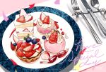  blueberry cake cream food food_focus fork fruit highres icing knife no_humans original pastry plate red_ribbon ribbon spoon strawberry strawberry_shortcake strawberry_slice strawberry_syrup tomma_mayuka 