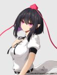  1girl belt black_belt black_hair black_ribbon breasts buttons closed_mouth collared_shirt commentary_request hand_on_own_chest happy harumomiji hat highres neck_ribbon pointy_ears puffy_short_sleeves puffy_sleeves red_hat ribbon shameimaru_aya shirt short_hair short_sleeves simple_background small_breasts smile tokin_hat touhou violet_eyes white_background white_shirt 
