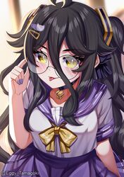  1girl :p absurdres adjusting_eyewear ahoge alternate_color black_choker black_hair black_ribbon blurry blurry_background bow bowtie choker collarbone eggy_tamagoki glasses hair_between_eyes hair_ornament hair_ribbon hairclip henya_the_genius highres long_hair purple_nails purple_sailor_collar purple_skirt ribbon round_eyewear sailor_collar school_uniform shirt short_sleeves skirt solo tongue tongue_out twitter_username vshojo white_shirt yellow_bow yellow_bowtie yellow_eyes 