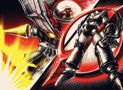  1boy 1other arm_blade armor biomechanical black_armor black_hair bodysuit dithering faux_traditional_media gloves hatching_(texture) kabuto_kouji looking_at_viewer mazinger_(series) mazinger_zero_(mecha) mecha mecha_focus mechanical_parts multiple_views pilder pilot_suit red_bodysuit robot shin_mazinger_zero sickking spikes super_robot weapon wire yellow_eyes yellow_footwear yellow_gloves yellow_light 