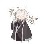  1boy bird closed_mouth hair_over_one_eye honkai:_star_rail honkai_(series) japanese_clothes jing_yuan kimono konotetona long_hair male_focus simple_background solo white_background white_hair yawning 