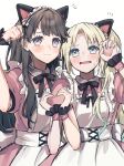  2girls :3 airan_alp animal_ears apron aqua_hair black_ribbon blonde_hair blue_eyes blush brown_hair cat_ears claw_pose closed_eyes collared_dress cosplay dress fake_animal_ears fang frilled_apron frilled_cuffs frills fujishima_megumi fujishima_megumi_(cosplay) gradient_hair heart heart_hands heart_hands_duo highres link!_like!_love_live! long_hair looking_at_viewer love_live! m&#039;s_one_day_(love_live!) maid_apron maid_headdress mira-cra_park! multicolored_hair multiple_girls neck_ribbon notice_lines open_mouth osawa_rurino parted_bangs paw_pose pink_dress pink_wrist_cuffs puffy_short_sleeves puffy_sleeves ribbon short_sleeves simple_background skin_fang sweatdrop twintails two_side_up upper_body violet_eyes virtual_youtuber white_apron white_background wrist_cuffs 