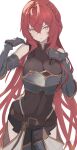  1girl arm_armor belt breasts clothing_cutout granblue_fantasy highres long_bangs long_hair medium_breasts punished_pigeon redhead sabrina_(granblue_fantasy) sleeveless thigh_cutout undressing 