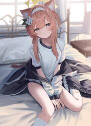  1girl animal_ear_fluff bed blue_archive flower gym_shirt gym_shorts gym_uniform hair_flower hair_ornament hairband halo highres jacket lamp mari_(blue_archive) mari_(track)_(blue_archive) multicolored_clothes multicolored_jacket nightstand official_alternate_costume orange_hair pillow shirt shorts sitting solo takashima_shoa thighs track_jacket two-tone_jacket white_flower white_hairband window yellow_halo 