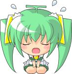  1girl :d artist_request bell blush blush_stickers chibi chibi_only closed_eyes facing_viewer flying_sweatdrops full_body green_hair hair_between_eyes long_hair lowres melon-chan melonbooks miniskirt neck_bell official_art open_mouth school_uniform short_sleeves simple_background skirt smile solo transparent_background twintails very_long_hair 
