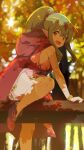  1girl :d ahonoko autumn dress fire_emblem fire_emblem:_mystery_of_the_emblem green_eyes green_hair highres hood hoodie knee_up nature open_mouth outdoors pink_dress pointy_ears ponytail shadow shoes sitting sitting_on_branch sleeveless sleeveless_dress smile thick_thighs thighs tiara tiki_(fire_emblem) tiki_(young)_(fire_emblem) tree under_tree 