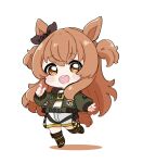  1girl :d absurdres animal_ears black_ribbon blush_stickers brown_eyes brown_footwear brown_hair brown_thighhighs chibi colored_shadow commentary dog_tags ear_ribbon full_body green_jacket hair_between_eyes highres horse_ears horse_girl horse_tail jacket long_sleeves looking_at_viewer mayano_top_gun_(umamusume) midriff nozo_(hitomiz) open_clothes open_jacket puffy_long_sleeves puffy_sleeves ribbon shadow shoes shorts simple_background sleeves_past_wrists smile solo standing standing_on_one_leg symbol-only_commentary tail teeth thigh-highs two_side_up umamusume upper_teeth_only white_background white_shorts 