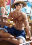  1boy 1girl abs absurdres artsbycarlos bare_shoulders bikini bikini_top_only black_eyes black_hair clenched_teeth commentary cup drinking_straw english_commentary hat highres holding holding_cup long_hair monkey_d._luffy nami_(one_piece) one_piece orange_eyes orange_hair outdoors realistic scar scar_on_cheek scar_on_chest scar_on_face short_hair sitting smile straw_hat swimsuit teeth topless_male web_address 