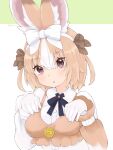  1girl :o absurdres animal_ears blue_bow blue_bowtie blush bow bowtie brown_bow brown_dress brown_vest collared_shirt cthun_n domestic_rabbit_(kemono_friends) dress frilled_sleeves frills gloves hair_between_eyes hair_bow highres kemono_friends light_brown_hair long_sleeves multicolored_hair puffy_sleeves rabbit_ears rabbit_girl shirt sidelocks solo two-tone_dress two-tone_hair upper_body vest violet_eyes white_bow white_dress white_gloves white_hair 