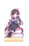  1girl black_socks book brown_footwear collared_shirt facial_mark highres holding holding_book long_hair looking_at_viewer mashle necktie red_eyes red_necktie rippi_(k1fqp0s3mhqid55) shirt sitting socks solo sophina_biblia 