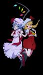  2girls ascot back_bow black_background black_wings blonde_hair blue_hair bow closed_mouth crystal fang fang_out flandre_scarlet frilled_skirt frills hand_on_own_cheek hand_on_own_face hat hat_ribbon highres holding_hands index_finger_raised kei_(wa_shoi) legs_up long_hair looking_at_viewer mob_cap multiple_girls open_mouth pink_hat pink_shirt pink_skirt pointing pointing_at_self puffy_short_sleeves puffy_sleeves red_ascot red_bow red_eyes red_footwear red_ribbon red_skirt red_vest remilia_scarlet ribbon shirt short_sleeves side_ponytail simple_background skirt smile socks touhou vest white_hat white_shirt white_socks wings wrist_cuffs yellow_ascot 