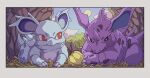  black_eyes blue_skin colored_skin fangs forest highres horns looking_at_another nature nest nidorina nidorino onamuzi_illust outdoors pokemon pokemon_(creature) purple_skin red_eyes single_horn smile spikes tree 