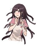  1girl apron bandaged_arm bandages blunt_bangs blunt_ends blush clenched_hands collared_shirt cropped_legs danganronpa_(series) danganronpa_2:_goodbye_despair flying_sweatdrops frown long_hair looking_to_the_side messy_hair nervous open_mouth pink_shirt puffy_short_sleeves puffy_sleeves purple_hair shirt short_sleeves simple_background single_bare_arm single_sidelock solo tearing_up teeth tsumiki_mikan unagi_(nakaelric) upper_teeth_only very_long_hair violet_eyes white_apron white_background 