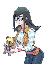  1girl :o black_hair blue_pants carly_nagisa character_doll coke-bottle_glasses glasses holding holding_stuffed_toy izapara jack_atlas long_hair long_sleeves open_mouth pants shirt solo striped_clothes striped_shirt stuffed_animal stuffed_toy teddy_bear twitter_username wristband yu-gi-oh! yu-gi-oh!_5d&#039;s 