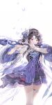  1girl black_hair bracelet bug butterfly detached_sleeves dress hair_ornament hairband highres hmong holding holding_staff jewelry jianxia_qingyuan_(series) jianxia_qingyuan_online_3 kangetsu_(fhalei) long_hair miao_clothes purple_dress red_eyes solo staff thigh_strap weapon 