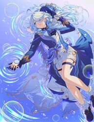  2girls ahoge arm_up ascot asymmetrical_gloves black_gloves blue_ascot blue_eyes blue_footwear blue_gemstone blue_hair blue_hat blue_jacket bubble focalors_(genshin_impact) furina_(genshin_impact) garter_straps gem genshin_impact gloves hair_between_eyes hair_over_one_eye hashtag-only_commentary hat highres holding_hands jacket kodona light_blue_hair lolita_fashion long_sleeves looking_at_another lying mismatched_gloves multicolored_hair multiple_girls on_back on_water parted_lips ripples salmonfordinner shorts smile streaked_hair top_hat white_gloves white_hair white_shorts 