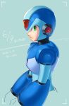  1boy armor blue_armor blue_background blue_helmet dated forehead_jewel from_side green_eyes highres looking_at_viewer male_focus mega_man_(series) mega_man_day mega_man_x_(series) o_deko shoulder_armor smile solo twitter_username upper_body x_(mega_man) 