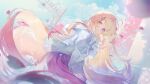  1girl blonde_hair blue_sky blurry blurry_foreground cherry_blossoms closed_mouth clouds cloudy_sky day dotori_(seulseul) falling_petals gradient_hair hair_ornament hairpin happy highres hololive jacket long_hair long_sleeves looking_at_viewer multicolored_hair musical_note musical_note_hair_ornament otonose_kanade outdoors petals pink_eyes pink_hair pink_petals pink_skirt pleated_skirt sidelocks skirt sky smile solo spring_(season) tree very_long_hair virtual_youtuber white_jacket 