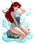  1girl alternate_costume ariel_(disney) blue_eyes bow breasts casual_one-piece_swimsuit commission disney feet_out_of_frame hand_in_own_hair highres jackary lipstick makeup one-piece_swimsuit redhead rock sitting sitting_on_rock smile splashing swimsuit thighs water 