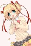  1girl blonde_hair blue_eyes bow hair_ornament hair_ribbon kamikita_komari little_busters! little_busters!_school_uniform long_hair open_mouth pink_bow plaid plaid_skirt ribbon school_uniform short_hair skirt smile solo star_(symbol) starsbit1 twintails 