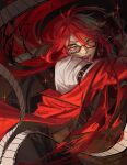  1boy absurdres androgynous arm_belt artist_name black_vest brown_background brown_pants buttons evil_smile film_strip glasses grell_sutcliff highres jacket kuroshitsuji long_hair looking_at_viewer male_focus open_mouth pants questtneo red-framed_eyewear red_jacket redhead sharp_teeth shirt signature smile solo sparkle teeth vest white_shirt yellow_eyes 