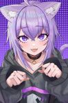  1girl ahoge animal_ear_fluff animal_ears black_collar cat_ears cat_girl cat_tail collar collarbone eyeliner fangs hair_between_eyes highres hololive hood hoodie long_sleeves looking_at_viewer makeup nekomata_okayu nekomata_okayu_(1st_costume) onigiri_print open_mouth orutana1029 purple_background purple_eyeliner purple_hair short_hair smile solo tail violet_eyes virtual_youtuber 