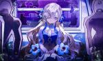  1girl bags_under_eyes blue_dress blue_eyes blue_flower bubble bug butterfly cardboard_cutout cleavage_cutout clothing_cutout commentary_request dress feet_out_of_frame flower grey_hair hair_flower hair_ornament hair_over_one_eye hands_on_lap head_tilt highres isekai_joucho juliet_sleeves kamitsubaki_studio kurehalxxx long_hair long_sleeves looking_at_viewer multicolored_hair one_eye_covered parted_lips puffy_sleeves shrug_(clothing) sitting solo streaked_hair train_interior very_long_hair virtual_youtuber wavy_hair white_sleeves wide_sleeves 