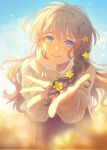 1girl aran_sweater bang_dream! blue_eyes blue_sky blush brown_hair brown_skirt brown_sweater cable_knit closed_mouth commentary day flower hair_flower hair_ornament highres long_hair looking_at_viewer outdoors qing_00129 reaching reaching_towards_viewer skirt sky smile solo sweater yamabuki_saaya yellow_flower