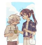  2girls absurdres bag bang_dream! bang_dream!_it&#039;s_mygo!!!!! belt blue_shirt blue_sky blush brown_hair brown_pants closed_eyes clouds collared_shirt commentary_request commission cup disposable_cup drink gampong44 highres holding holding_cup holding_drink kaname_raana long_hair looking_at_another medium_hair mixed-language_commentary mole mole_under_eye multiple_girls open_clothes open_mouth open_shirt outdoors pants ponytail second-party_source shiina_taki shirt shopping_bag short_sleeves sky sweat thai_commentary v-shaped_eyebrows white_background white_shirt 