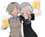  2girls alcohol beer beer_mug black_shirt blush closed_eyes collared_shirt commentary cup dotty-44 drunk earrings girls_band_cry grey_hair grey_sweater_vest hair_between_eyes hand_on_another&#039;s_shoulder highres holding holding_cup jewelry kawaragi_momoka long_hair long_hair_between_eyes mole mole_under_eye mug multicolored_hair multiple_girls open_mouth plaid plaid_shirt roots_(hair) rupa_(girls_band_cry) shirt short_hair short_sleeves simple_background sweater_vest symbol-only_commentary teeth u_u upper_teeth_only white_background white_shirt 