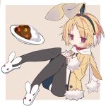  1girl animal_ears animal_slippers black_hairband blonde_hair border bow bowtie brown_background bunny_slippers commentary curry curry_rice disgaea fake_animal_ears fang food full_body fur-trimmed_jacket fur-trimmed_sleeves fur_trim hairband hands_up happy_cream highres jacket looking_at_viewer makai_senki_disgaea_5 open_mouth outside_border pantyhose rabbit_earmuffs rabbit_ears red_bow red_bowtie red_eyes rice scarf short_eyebrows short_hair simple_background skin_fang slippers solo thick_eyebrows usalia_(disgaea) white_border white_scarf yellow_jacket 