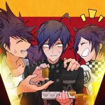  3boys ^_^ ahoge black_jacket black_scarf black_sleeves blue_hair buttons chain checkered_clothes checkered_scarf closed_eyes coat coat_partially_removed coattails coin collarbone collared_coat collared_jacket commentary_request crest danganronpa_(series) danganronpa_v3:_killing_harmony double-breasted eyelashes facial_hair fingernails giving goatee gold_coin grey_jacket grey_sleeves grin hand_on_another&#039;s_shoulder high_collar holding holding_coin jacket long_sleeves loose_hair_strand male_focus momota_kaito multiple_boys nervous notice_lines oma_kokichi open_clothes open_jacket outstretched_hand palms pectoral_cleavage pectorals pocket purple_coat purple_hair red_background saihara_shuichi scarf shirt short_hair slot_machine smile sweatdrop two-tone_background two-tone_scarf u_u_ki_u_u unmoving_pattern upper_body v-shaped_eyebrows wavy_mouth white_jacket white_scarf white_shirt white_sleeves wide-eyed yellow_background 