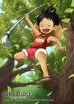  1boy ^_^ aged_down bandaid bandaid_on_face black_hair child closed_eyes commentary_request copyright_name flip-flops forest hat holding leaf male_focus monkey_d._luffy muraicchi_(momocchi) nature official_art one_piece one_piece_card_game open_mouth red_shorts red_tank_top sandals scar scar_on_face shorts solo straw_hat tank_top teeth upper_teeth_only 