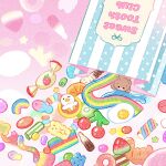  bag bear bird candy candy_wrapper cherry colorful commentary egg english_commentary food food_focus fruit gummy_bear gummy_worm highres jelly_bean no_humans original pink_background rainbow star_(symbol) strawberry summernight_12 watermelon wrapped_candy 
