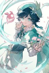  1boy :q androgynous aqua_eyes aqua_hat beret braid cape cowboy_shot falling_petals flower genshin_impact green_cape hair_flower hair_ornament hat hat_flower highres male_focus medium_hair nakaba_(mode) petals pink_flower solo tassel tongue tongue_out twin_braids two-tone-ribbon venti_(genshin_impact) wind 