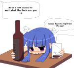  1girl alcohol beer blue_hair blunt_bangs bottle crying crying_with_eyes_open cup english_text evilfrap furude_rika hair_behind_ear highres higurashi_no_naku_koro_ni holding holding_bottle holding_cup looking_down nipa~ open_mouth raised_inner_eyebrows sidelocks solo speech_bubble tears violet_eyes 