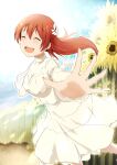  absurdres breasts brown_hair dress emma_verde flower happy highres large_breasts long_hair love_live! love_live!_nijigasaki_high_school_idol_club outstretched_arms smile sunflower white_dress zasshoku_ojisan 