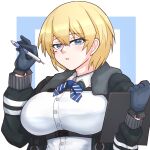  1girl black_gloves black_jacket blonde_hair blue_eyes blue_ribbon breasts buckle clipboard collared_shirt commentary girls_frontline gloves hair_between_eyes hand_up highres holding holding_clipboard holding_pen jacket large_breasts long_sleeves looking_at_viewer mole mole_under_eye neck_ribbon open_clothes open_jacket parted_lips pen ribbon shirt short_hair sidelocks snap-fit_buckle solo striped_ribbon tsuchinoko_snake upper_body vsk-94_(girls&#039;_frontline) white_shirt 