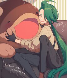  1girl :d affectionate ahoge black_gloves black_pants blush clodsire closed_eyes commentary_request couch earrings eyelashes gloves green_hair happy highres indoors jewelry long_hair miri_(cherryjelly) open_mouth pants pokemon pokemon_(creature) pokemon_sv rika_(pokemon) shirt sitting smile sparkle 