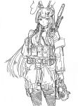  1girl alternate_costume animal_ears closed_mouth commentary_request gun holding long_hair looking_at_viewer mesuosushi military monochrome rabbit_ears rabbit_girl reisen_udongein_inaba sketch solo thigh-highs touhou weapon 