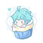  1boy ahoge aqua_eyes blue_eyes blue_hair blush chongyun_(genshin_impact) commentary cupcake dated_commentary food food_focus genshin_impact heart in_container lowres male_focus pi0ko0ron short_hair simple_background solo white_background 