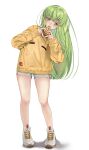  1girl absurdres alternate_costume blush budgiepon c.c. casual code_geass commentary crossed_bangs dolphin_shorts eating eyes_visible_through_hair fingernails food food_in_mouth full_body green_hair grey_shorts hair_between_eyes hands_up highres holding holding_food holding_pizza legs long_hair looking_at_viewer pizza pizza_slice shoes shorts signature simple_background sleeves_past_wrists sneakers solo standing straight_hair sweater symbol-only_commentary thighs very_long_hair white_background white_footwear yellow_eyes yellow_sweater 