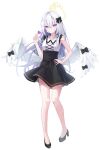  1girl absurdres angel_wings azusa_(blue_archive) black_footwear black_skirt blue_archive blush breasts candy closed_mouth collarbone feathered_wings food full_body grey_hair hair_between_eyes halo heart high_heels highres holding holding_candy holding_food long_hair shirt simple_background skirt sleeveless sleeveless_shirt small_breasts solo violet_eyes white_background white_shirt white_wings wings yellow_halo yum_draw 